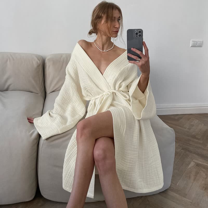 Beige Pure Cotton Kimono Robe