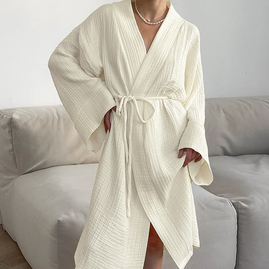 Beige Pure Cotton Kimono Robe Autumn Beige Cotton Gauze Kimono L Long Sleeve Loungewear M newin260206 Nightie Pajama S Sleepwear Solid Spring Summer Women Yukata