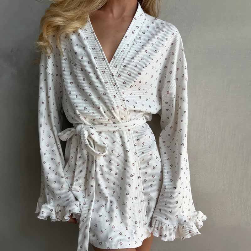 Heart Print Long Sleeve Short Kimono Robe