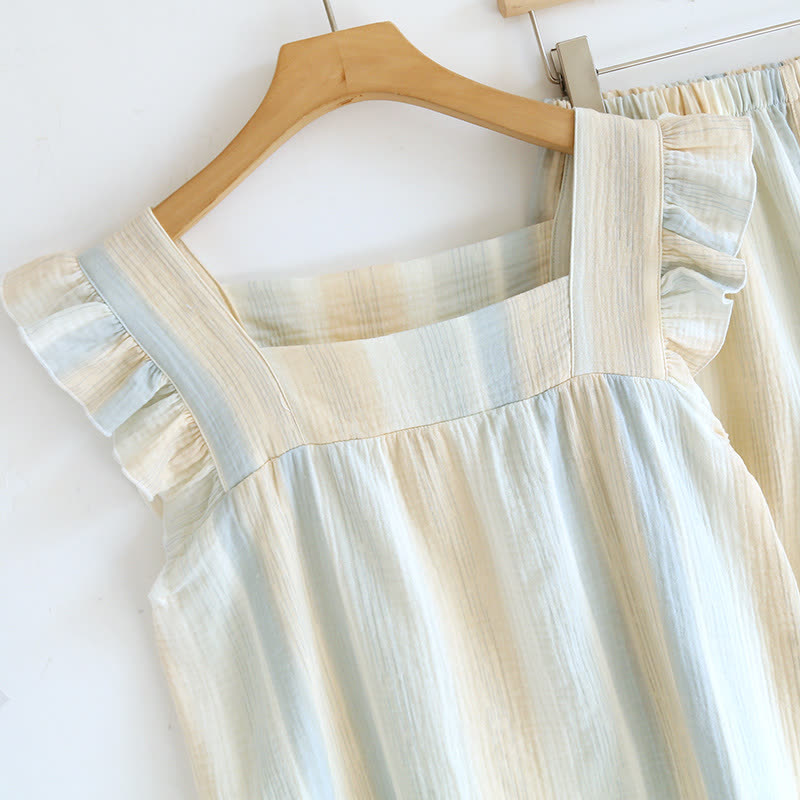 Cotton Gauze Striped Ruffle Trim Tank Loungewear