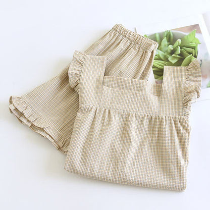 Cotton Gauze Plaid Flutter Sleeve Tank Pajamas
