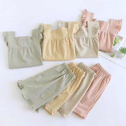 Cotton Gauze Plaid Flutter Sleeve Tank Pajamas