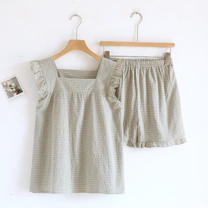 Cotton Gauze Plaid Flutter Sleeve Tank Pajamas