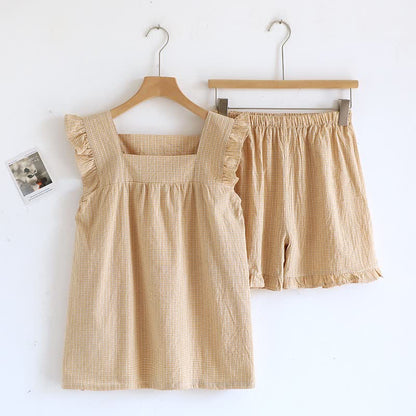 Cotton Gauze Plaid Flutter Sleeve Tank Pajamas