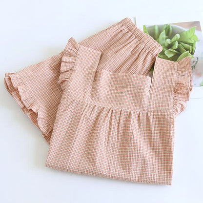 Cotton Gauze Plaid Flutter Sleeve Tank Pajamas