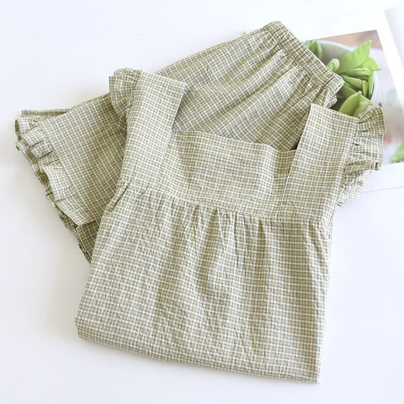 Cotton Gauze Plaid Flutter Sleeve Tank Pajamas