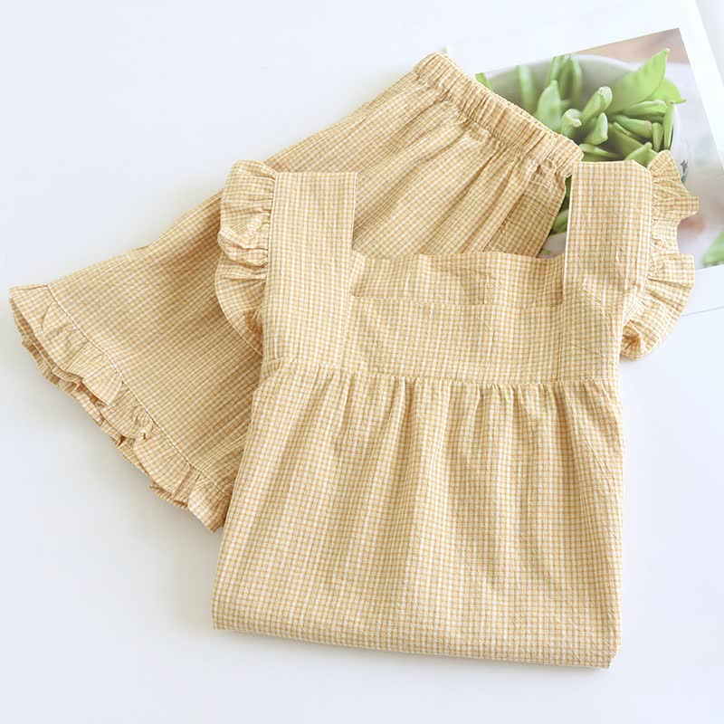 Cotton Gauze Plaid Flutter Sleeve Tank Pajamas