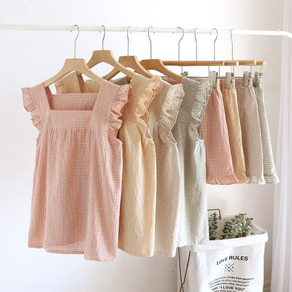 Cotton Gauze Plaid Flutter Sleeve Tank Pajamas
