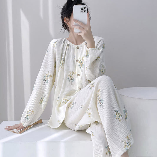 Bouquet Double Gauze Cotton Loungewear Set 2XL Autumn Bouquet Cotton Floral Jacquard L Long Sleeve Loungewear newin260210 Nightie Pajama Set Sleepwear Spring Summer White women XL