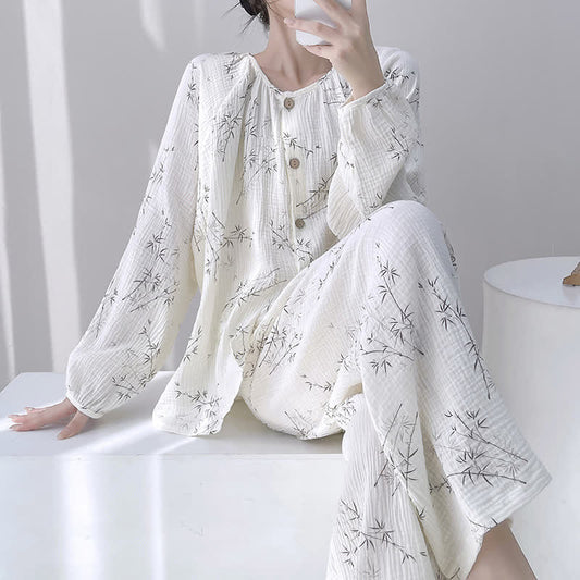 Bamboo Print Double Gauze Cotton Loungewear Set 2XL Autumn Bamboo Bamboo Leaf Cotton Jacquard L Long Sleeve Loungewear newin260210 Nightie Pajama Set Sleepwear Spring Summer White women XL