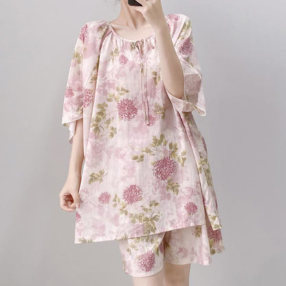 Plus Size Pink Chrysanthemum Pajama Set