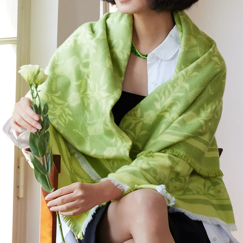 Green Artistic Botanical Tassel Throw Blanket