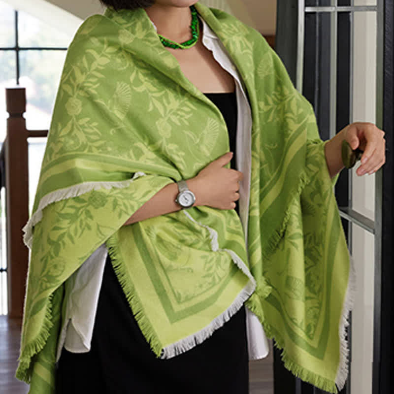 Green Artistic Botanical Tassel Throw Blanket