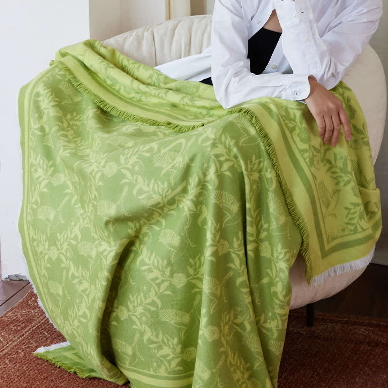 Green Artistic Botanical Tassel Throw Blanket