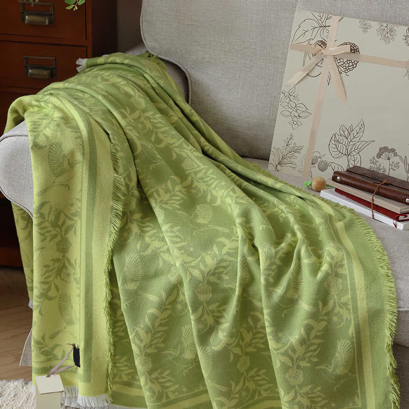 Green Artistic Botanical Tassel Throw Blanket