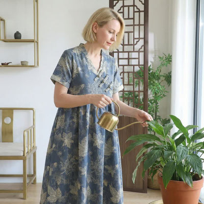 Oriental-Inspired Leaf Cotton Nightgown