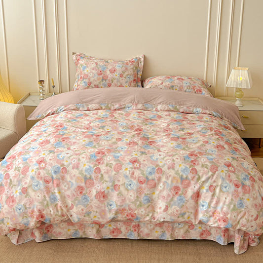 Dreamy Pink Rose Cotton Brushed Bedding Set(4PCS) 4PCS Autumn bed Bed Blanket Bed Sheet bedding Bedding Set Cotton Cotton Gauze Farmhouse Bedding Set Floral King King Size newin260224 pillow sham Pink Pure Cotton Queen Queen Size Rose Rural Set Spring Winter
