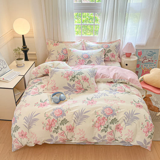 Pastoral Floral & Leaf Cotton Bedding Set(4PCS) 4PCS Autumn bed Bed Blanket Bed Sheet bedding Bedding Set Cotton Cotton Gauze Farmhouse Bedding Set Floral King King Size newin260224 pillow sham Pink Pure Cotton Queen Queen Size Rural Set Spring Winter