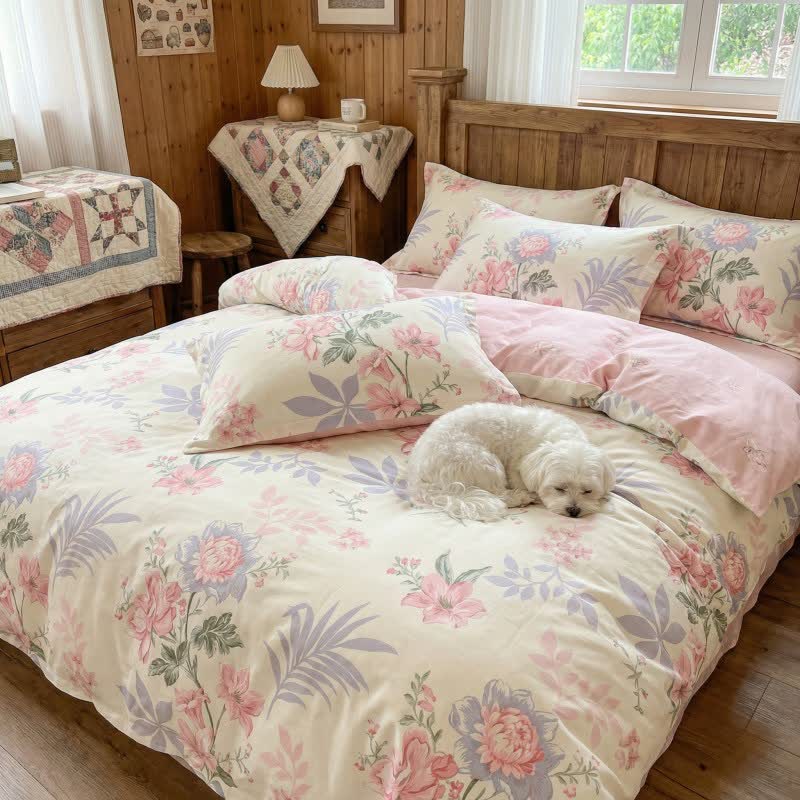 Pastoral Floral & Leaf Cotton Bedding Set(4PCS)