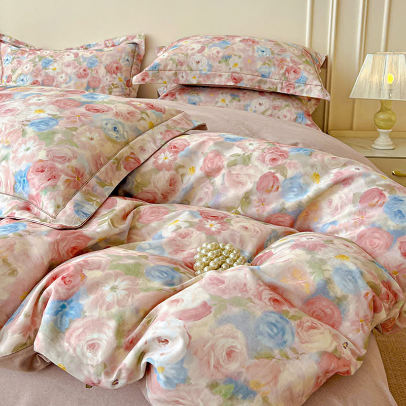 Dreamy Pink Rose Cotton Brushed Bedding Set(4PCS)