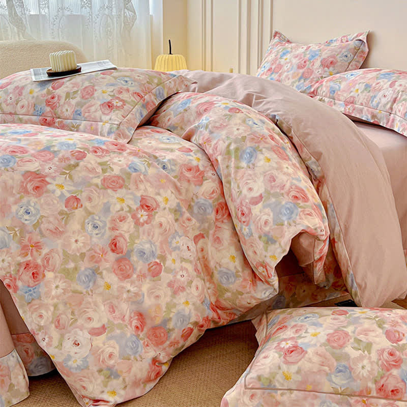 Dreamy Pink Rose Cotton Brushed Bedding Set(4PCS)