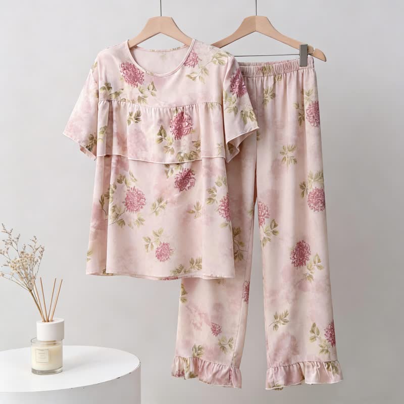 Round Neck Pink Chrysanthemum Pajama Set