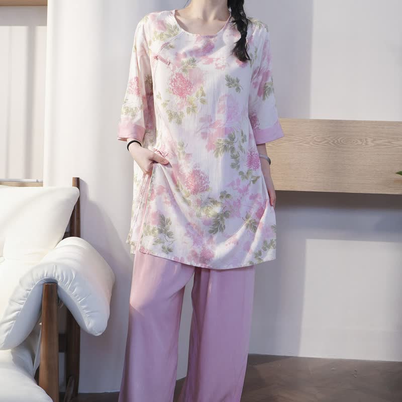 Elegant Chrysanthemum Eastern-Inspired Loungewear Set