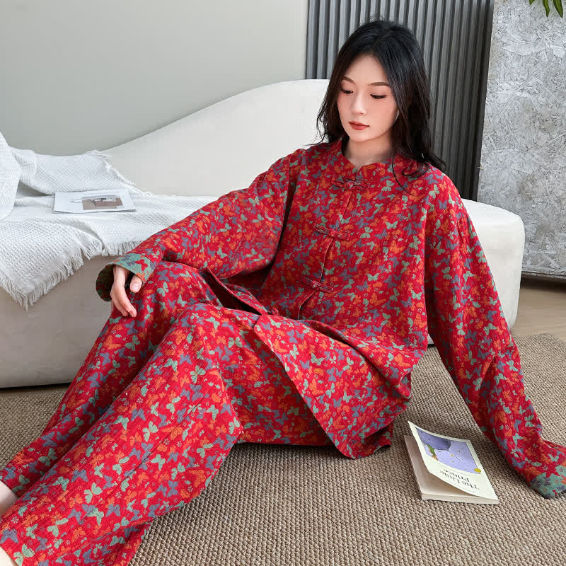 Plus Size Eastern-Inspired Butterfly Cotton Pajama Set