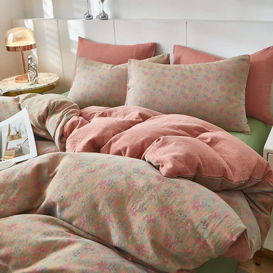 Cottage Floral & Leaf Cotton Double Gauze Bedding 4PCS Autumn bed Bed Blanket bedding Bedding Set Bohemian Bedding Set Cotton Duvet Cover Floral Gauze King King Size newin260226 Pillowcases Pink Queen Queen Size Quilts Retro Rural Sheet Spring Winter
