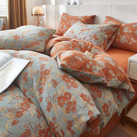 Orange Floral Cotton Double Gauze Bedding 4PCS Autumn bed Bed Blanket bedding Bedding Set Bohemian Bedding Set Cotton Duvet Cover Floral Gauze King King Size newin260226 Orange Pillowcases Queen Queen Size Quilts Retro Rural Sheet Spring Winter