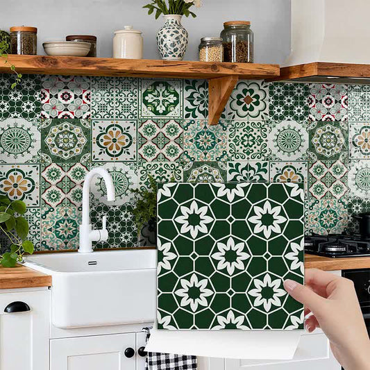 Boho Green Peel and Stick Wall Sticker (24PCS) 24PCS Bohemian Boho DIY Green Morocco newin260226 Peel & Stick Wallpaper Self-Adhesive Set Stick on tiles Sticker Tile Sticker Wall Sticker Wallpaper Waterproof