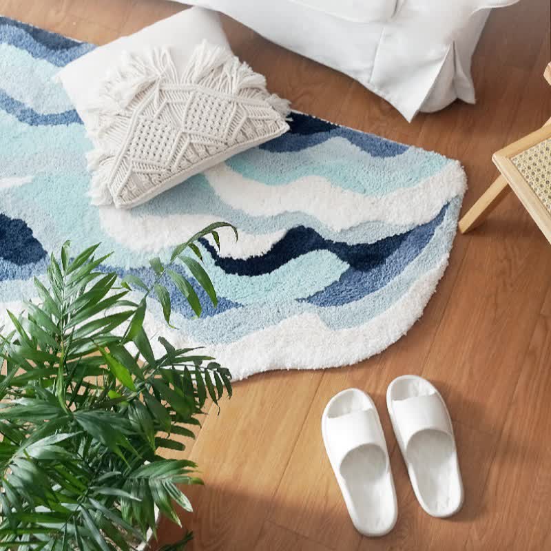 Ocean-Inspired Wave Shaped Flocked Rug