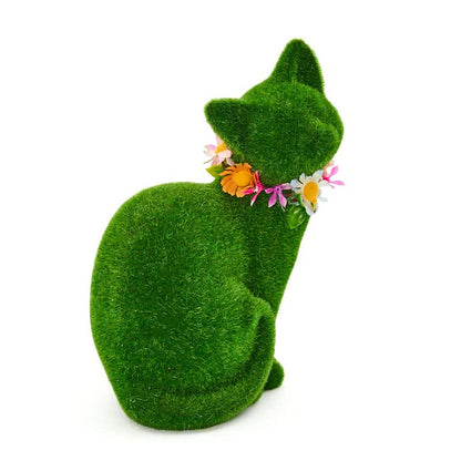 Green Flocked Cat Figurine with Floral Wreath