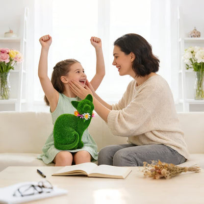Green Flocked Cat Figurine with Floral Wreath