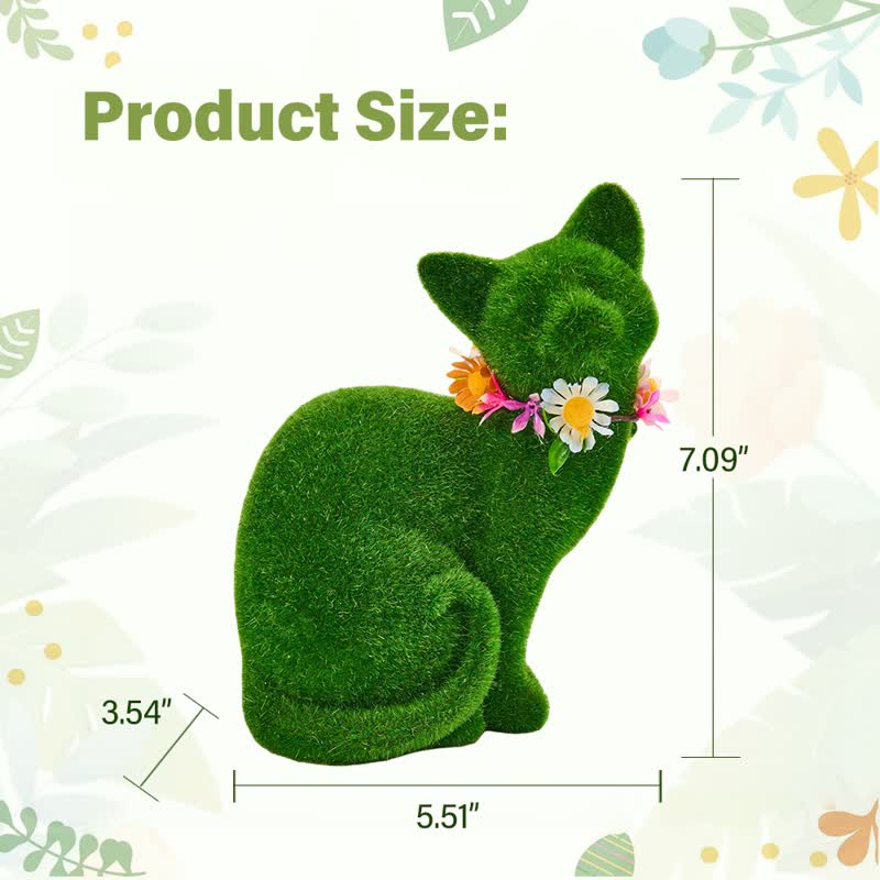 Green Flocked Cat Figurine with Floral Wreath