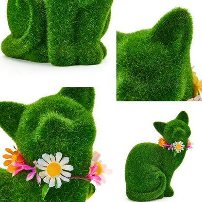 Green Flocked Cat Figurine with Floral Wreath
