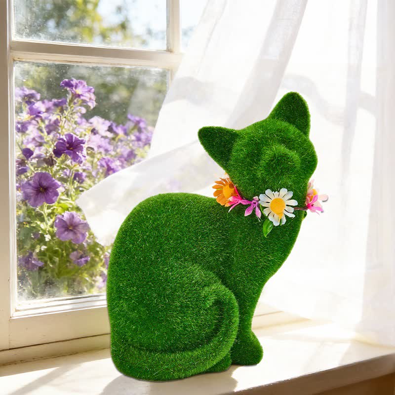 Green Flocked Cat Figurine with Floral Wreath