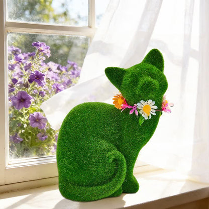 Green Flocked Cat Figurine with Floral Wreath