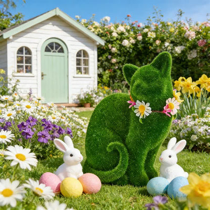 Green Flocked Cat Figurine with Floral Wreath