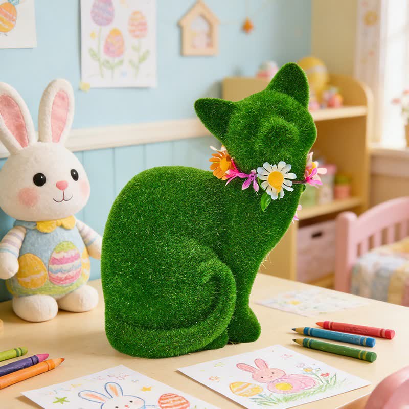 Green Flocked Cat Figurine with Floral Wreath