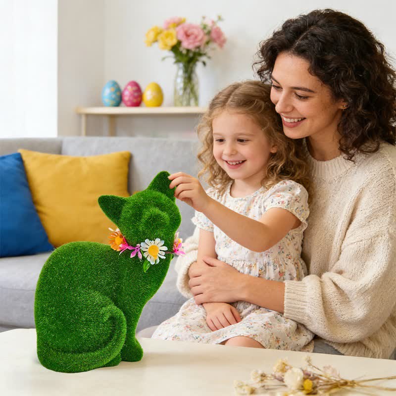 Green Flocked Cat Figurine with Floral Wreath