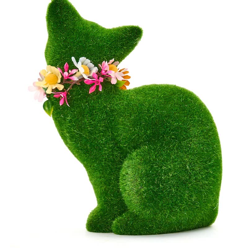 Green Flocked Cat Figurine with Floral Wreath