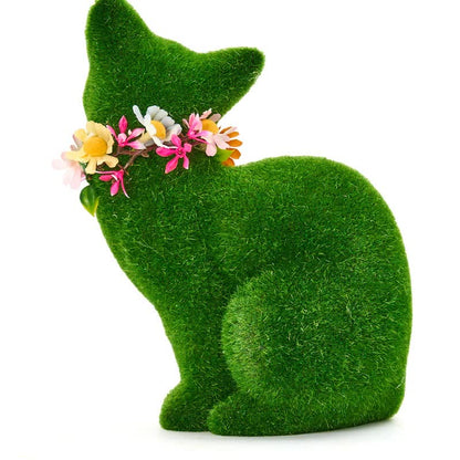 Green Flocked Cat Figurine with Floral Wreath