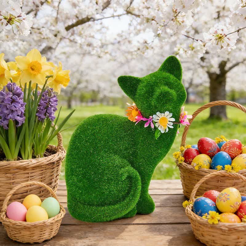 Green Flocked Cat Figurine with Floral Wreath