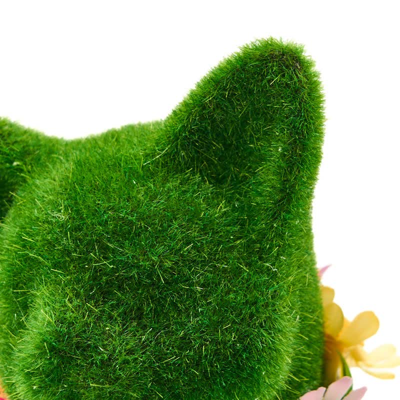 Green Flocked Cat Figurine with Floral Wreath