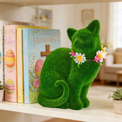 Green Flocked Cat Figurine with Floral Wreath
