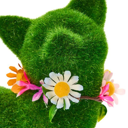 Green Flocked Cat Figurine with Floral Wreath