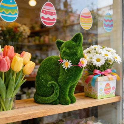Green Flocked Cat Figurine with Floral Wreath