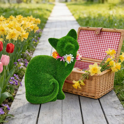 Green Flocked Cat Figurine with Floral Wreath