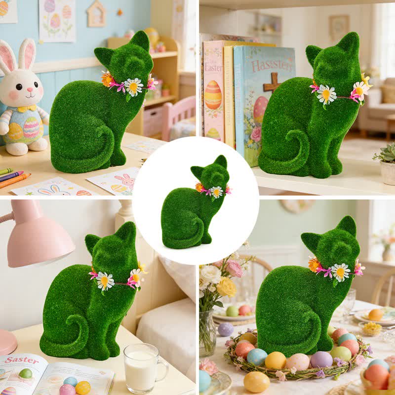 Green Flocked Cat Figurine with Floral Wreath